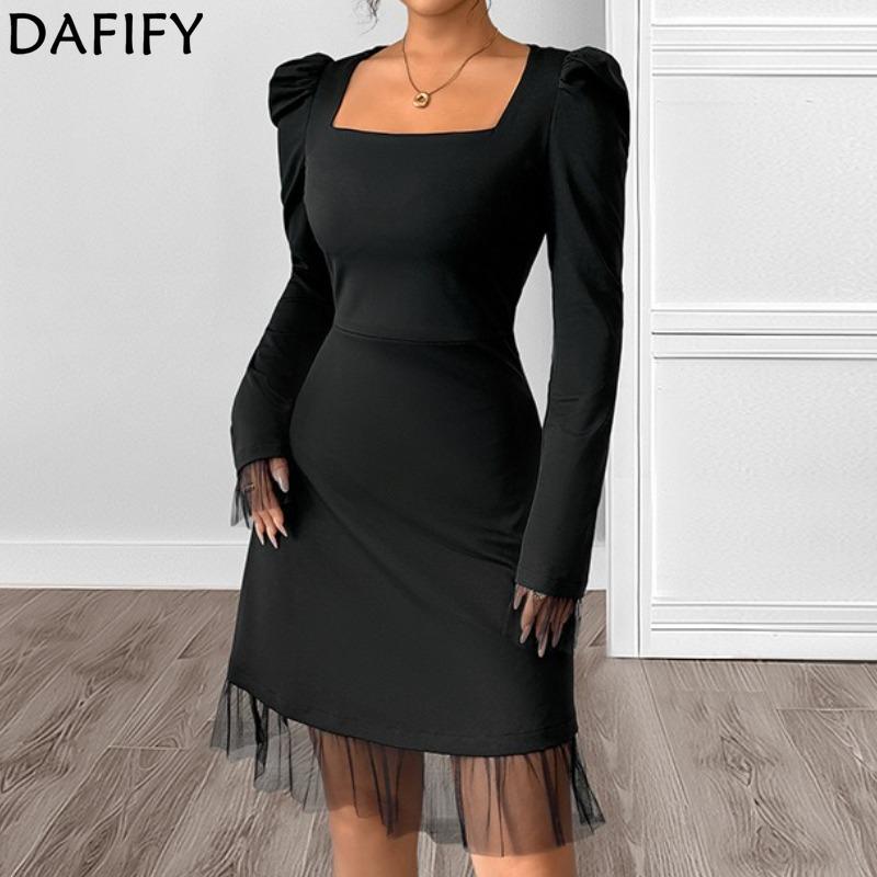 YYFS Women's Fashion Spring Fall Solid Color Print Long Sleeve Square Collar High Waist Casual Dresses
