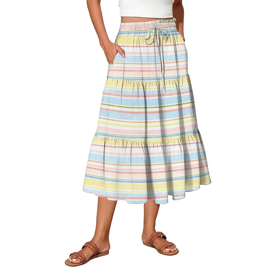 Ladies' Striped Printed Casual Elastic Waist Drawstring Skirt
