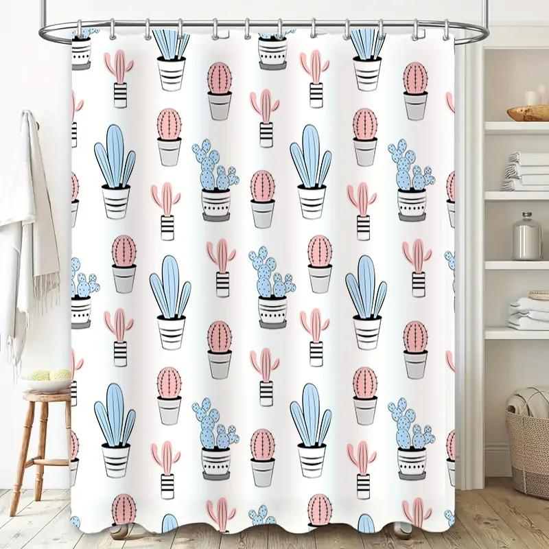 Cactus Shower Curtain Bathroom Decor Pink Blue White Floral Patterned Fabric Shower Curtains for Home Decoration (180x240cm)