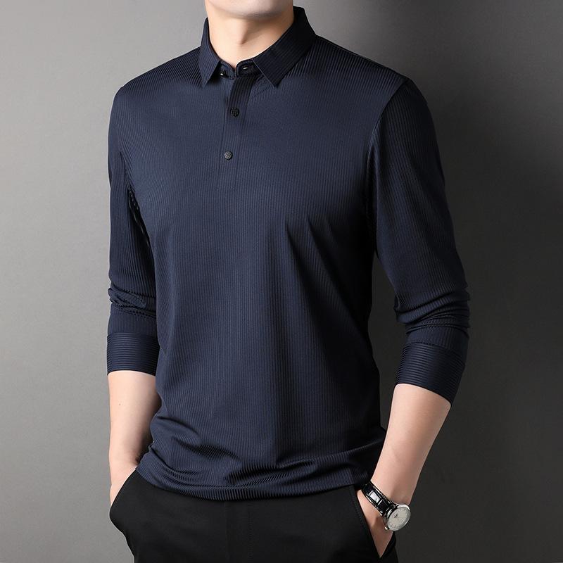 Autumn New Long-sleeved T-shirt Men's Middle-aged Casual Lapel Seamless Nylon Striped Polo Shirt