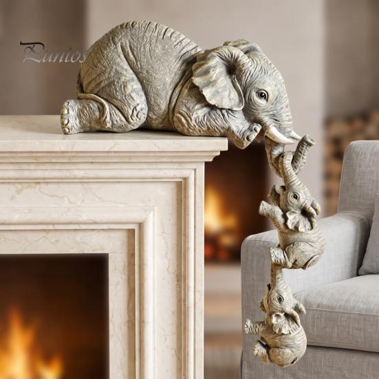 Meaningful Gift for Relatives Elephant Shelf Sitter, Mother Hanging 2 Baby Elephants on The Modern Resin Craft Home Decoration Edge, Hand-Painted
