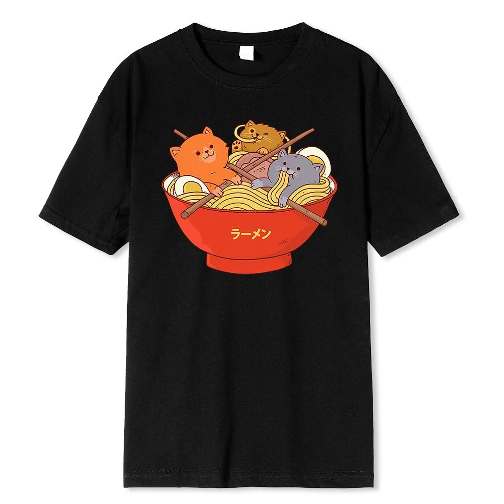

Japanese Style Cute Cats In Noodies Bowl Printed T Shirts Men Breathable Loose Clothing Casual Tshirt Fashion Cotton Tees XXXXXL чёрный