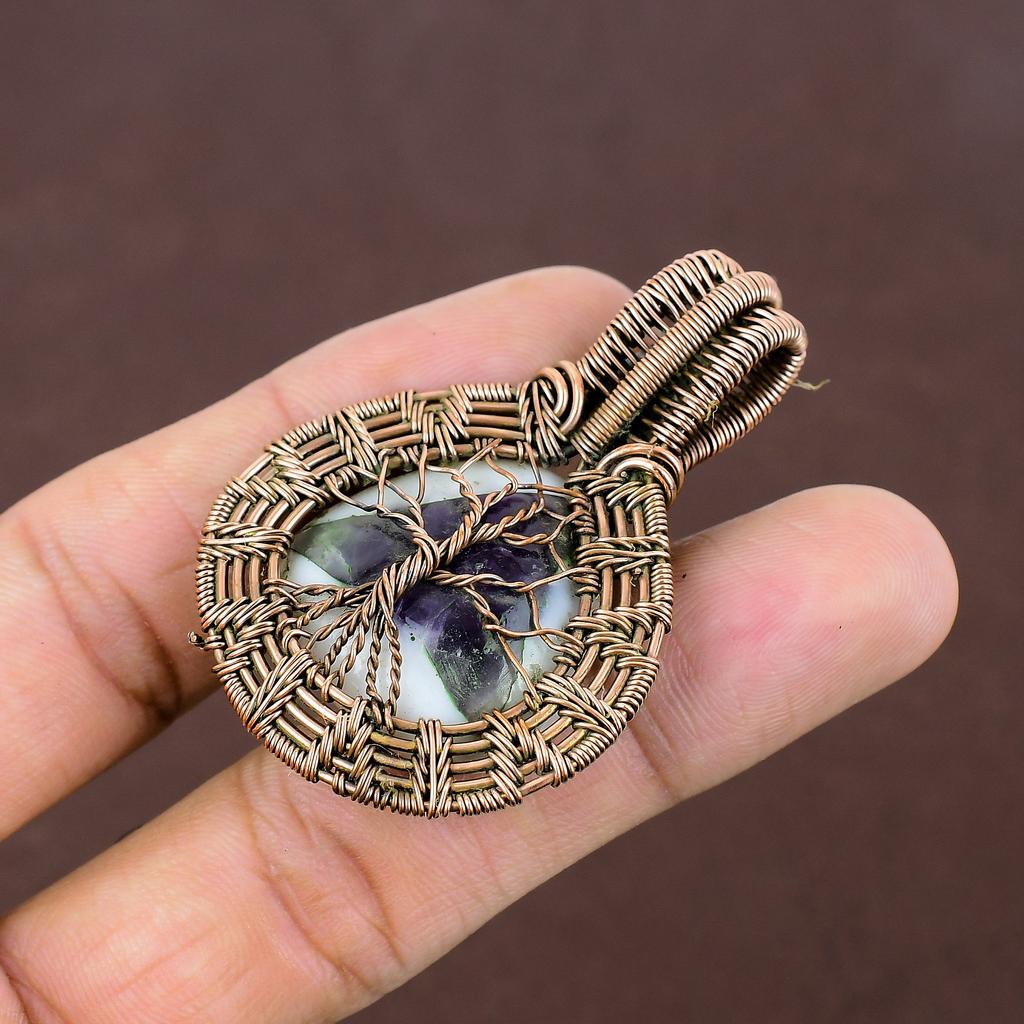Natural Tree Of Life Sage Amethyst Gemstone Copper Wire Wrap Pendant 2.17" a5j74