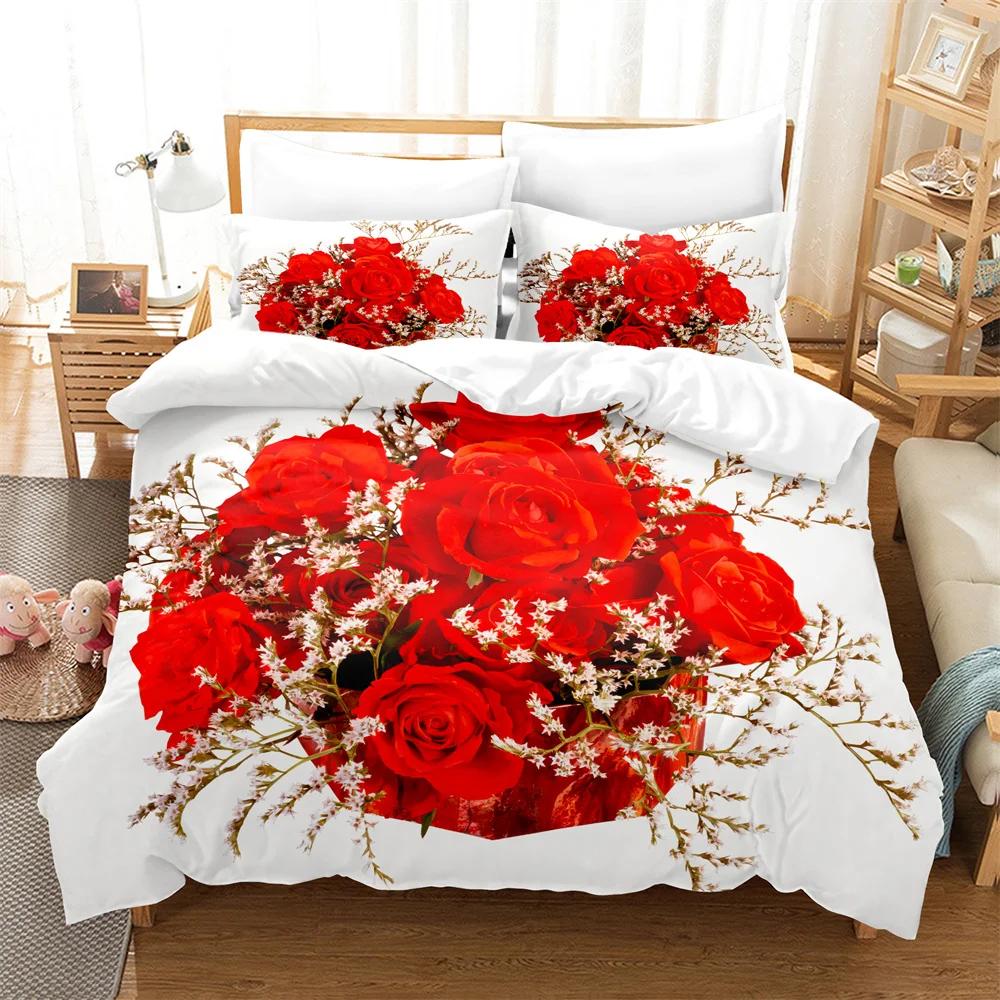 Red Rose Queen Size Duvet Cover 220X240 Bedding Set 3Pcs/2Pcs With Pillowcase Flower Quilt Cover For Double Bed Single Beds