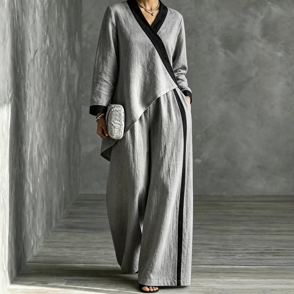 2026 Autumn Women's Clothing Popular Contrasting Color V-neck Irregular Top Wide-leg Pants Loose Casual Suit