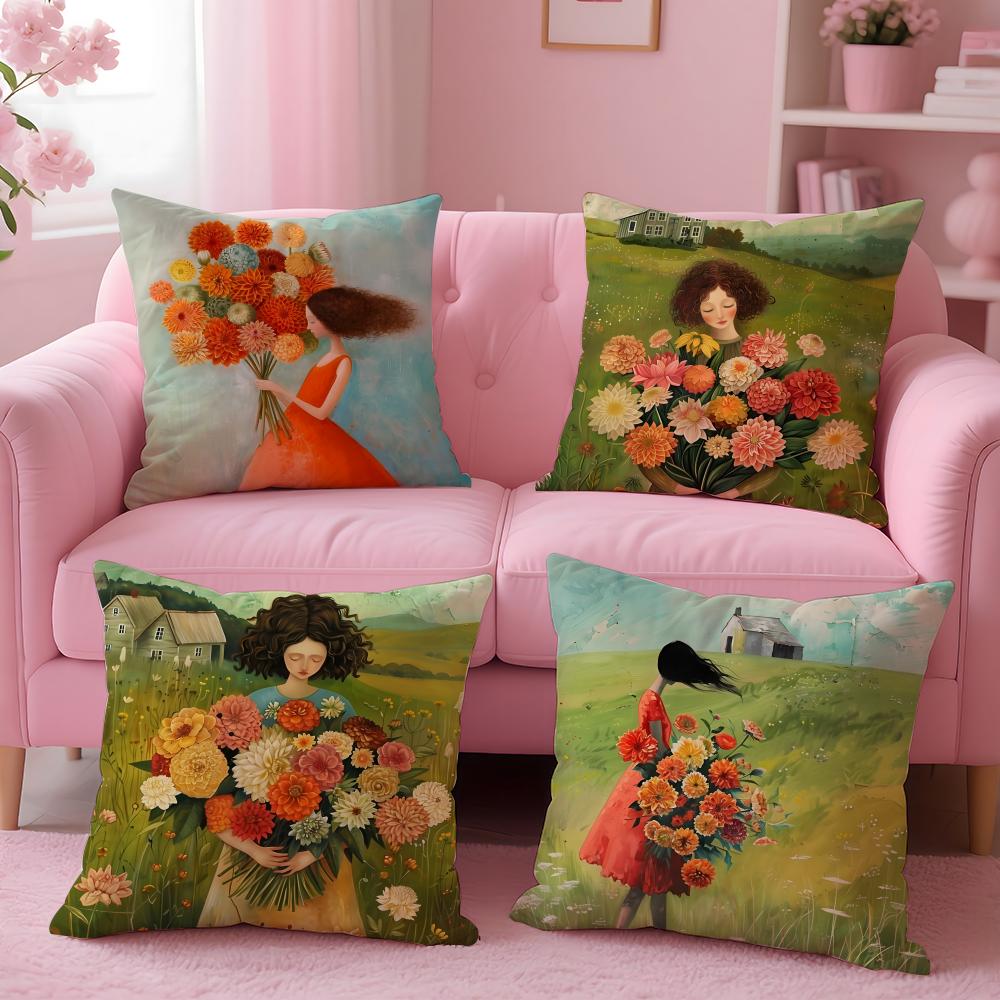 The girl is holding flowers Cushion Cover Short Plush DoubleSided Printing Home Machine Washable in Warm Winter Pillow Cover