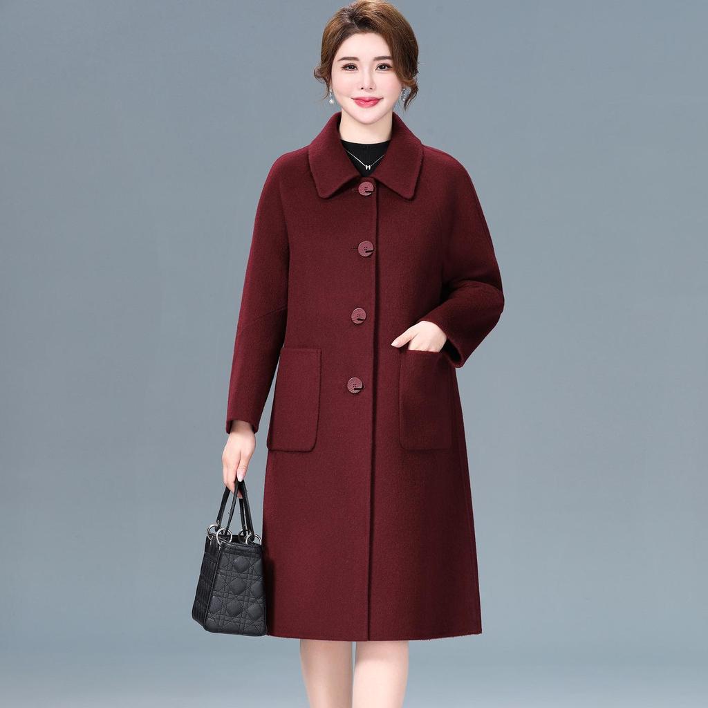 Płaszcz kaszmirowy dwustronny średniej długości mamy - Rozmiar plus, Luźny krój, Wysokiej klasy wełniany płaszcz wierzchni jesienno-zimowy dla kobiet w średnim wieku i starszych.