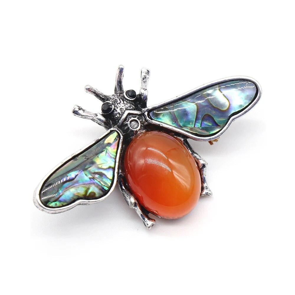 35x56mm Cute Bee Shape Pendant Natural Stone Crystal Agate Abalone Shell Brooch Charms for Jewelry Making DIY Necklace Accessory