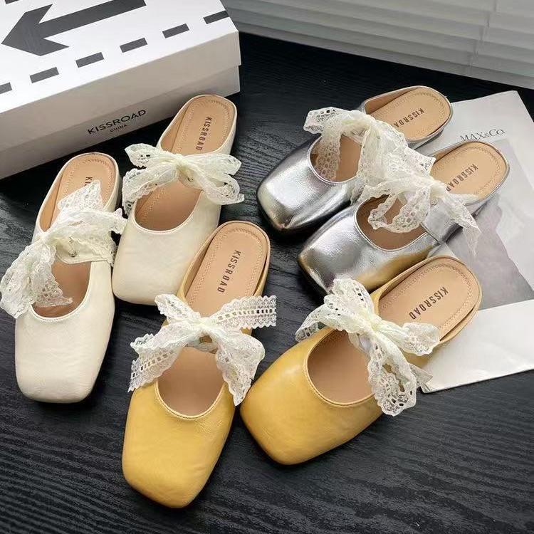 Wear Half Slippers Women's Thick Heel Soft Leather Silver Lace New Bow 2025 Spring and Summer Muller Shoes Bag Head Slippers