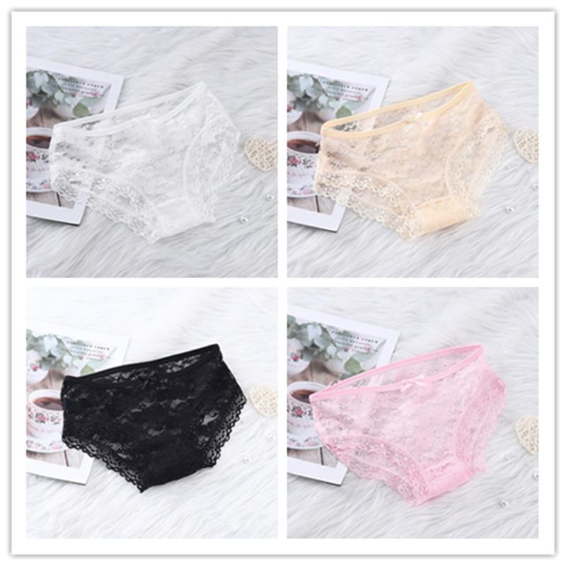Girls' Sexy Lace Briefs Breathable Underwear with Butterfly Knot Carved Mid Air Waist Knickers Solid Color Women's Triangle Panties