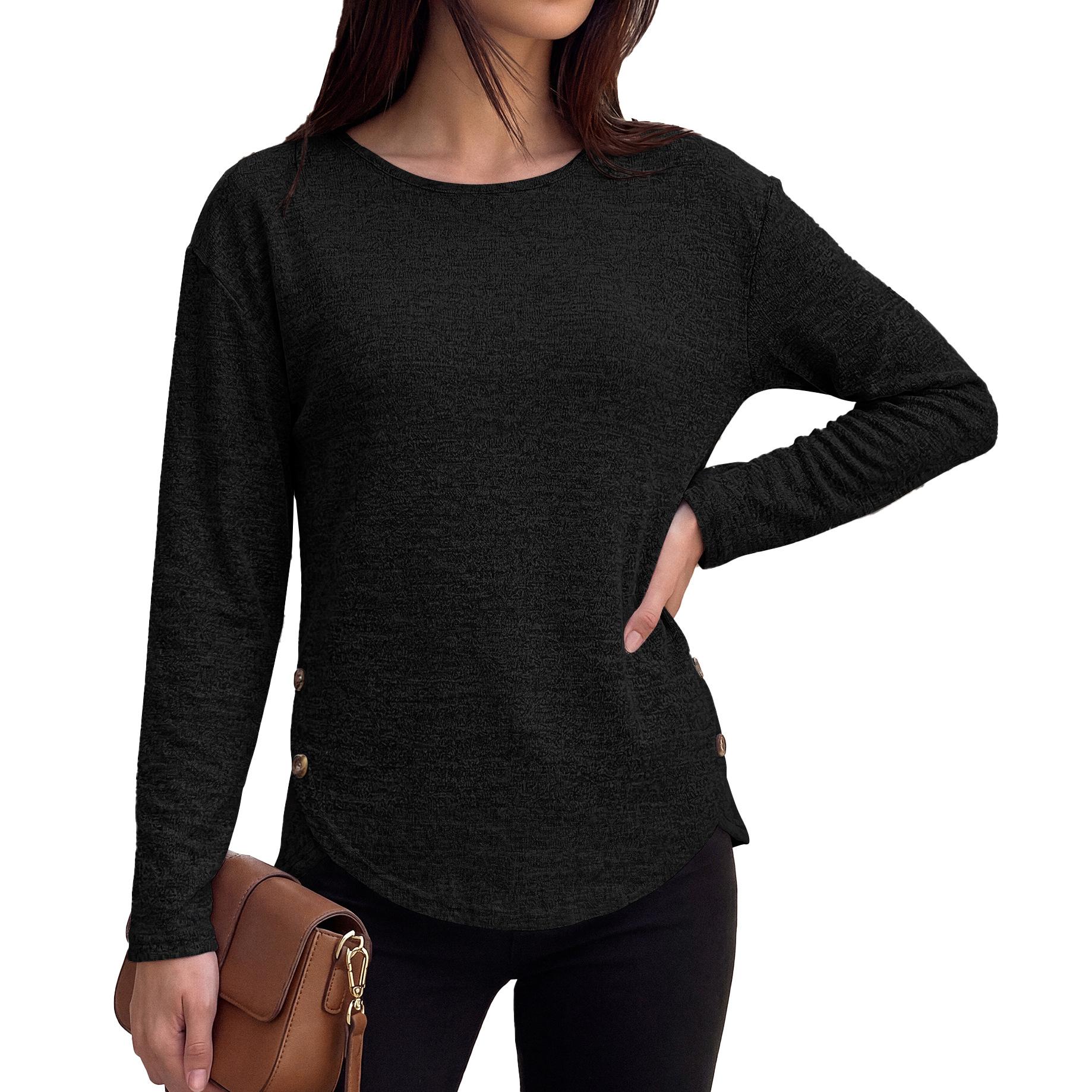 Women S Solid Color Loose Round Neck Long Sleeve T Shirt With Side Buttons S