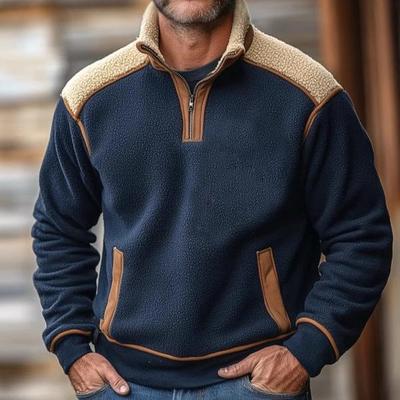 2025 Men's Retro Color Block Stand Collar Lambswool Zipper Sweatshirt - Autumn/Winter Collection