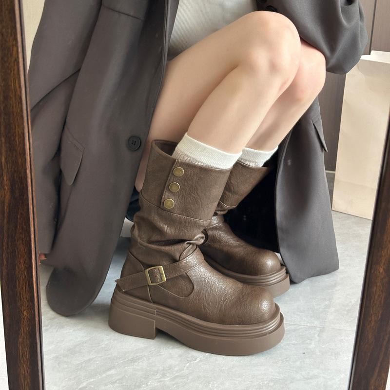 Brown retro British style thick heel platform boots women's 2025 new autumn and winter thin boots knight boots