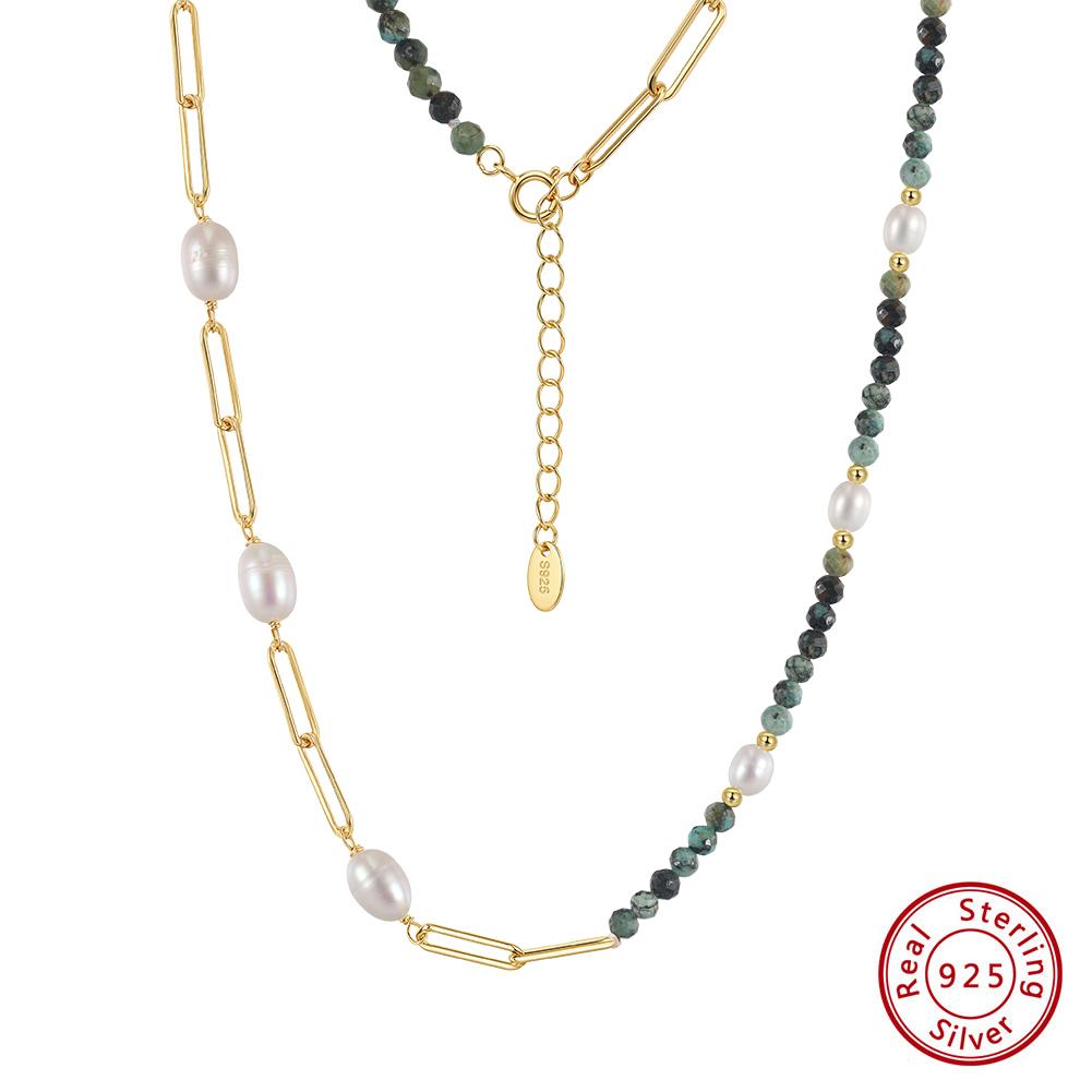 EFFIE QUEEN 925 Sterling Silver African Turquoise Freshwater Pearl Beaded Necklace High Quality Wedding Choker Jewelry MPN17