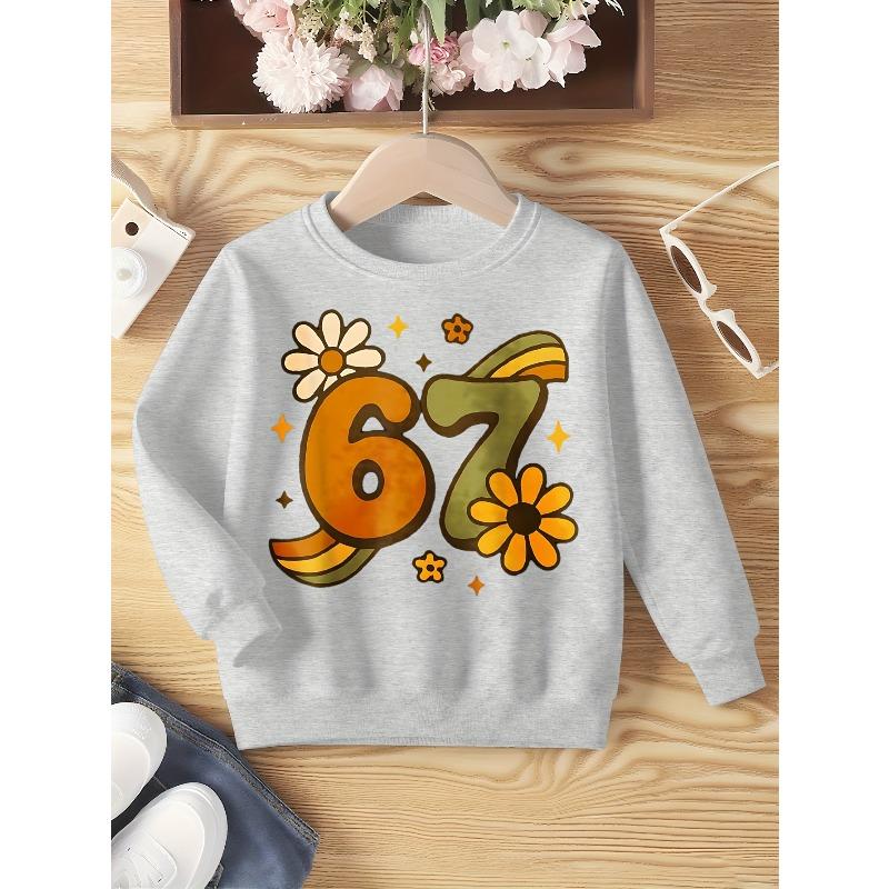 Kids Unisex Black Crewneck Sweatshirt, Retro Daisy Rainbow Star 67 Number Graphic Long Sleeve Pullover, Soft Fleece Sweatshirts for Boys Girls Ages 4+