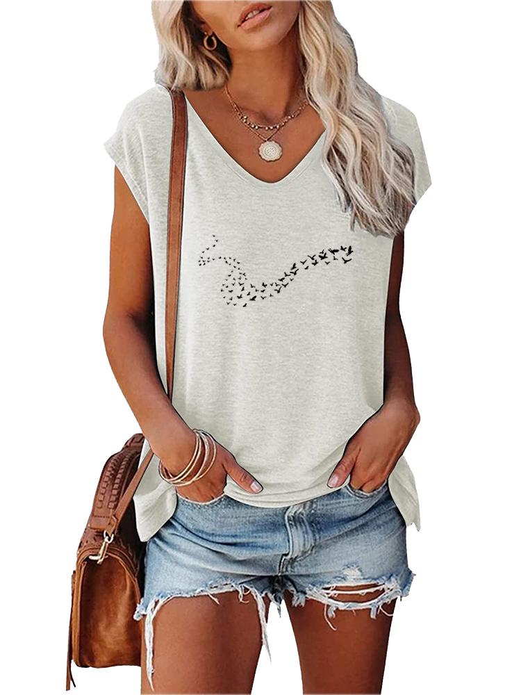 Women Fashion T-shirt Summer V Collar Print Short Sleeve Top Ladies Casual Tee Shirt