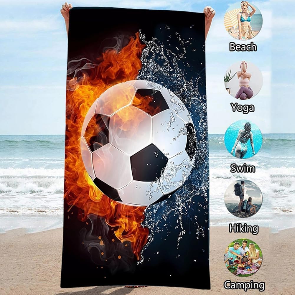 1PC Football Theme Beach Towel for Kids, Large Sports Sand Free Towel, Ideal for Soccer Fans, Bathroom & Beach Use