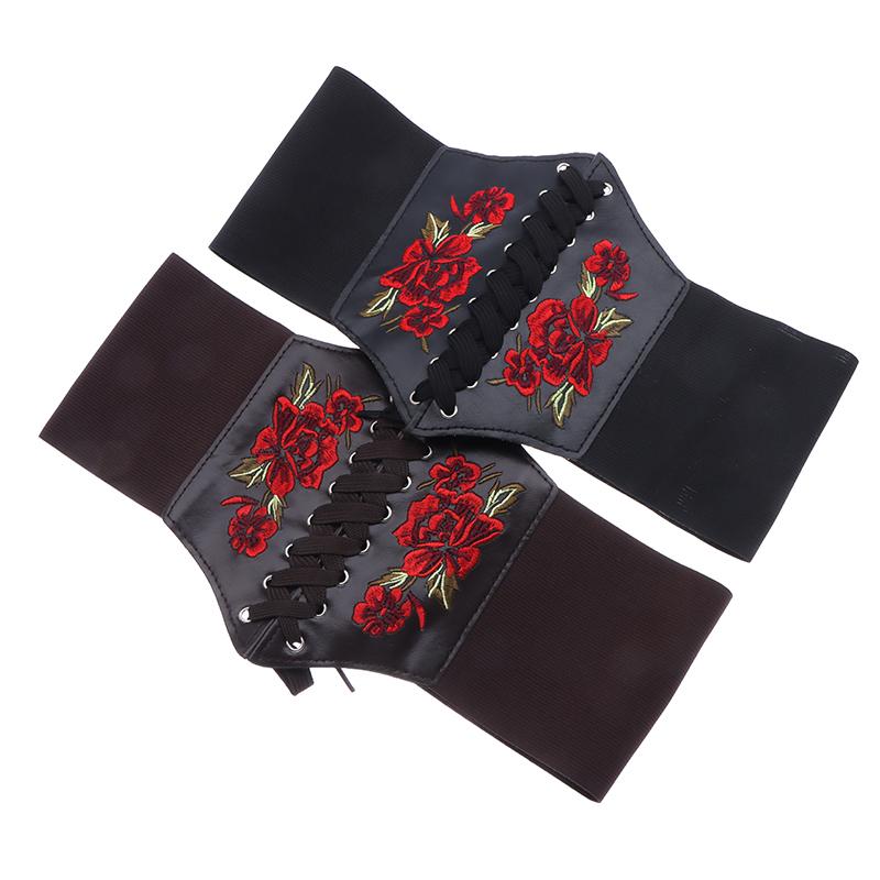 Women'S Corset Belt Gothic Fashion Pu Flower Embroidery Cummerbunds Female Slimming Waist Band Vintage Black Wide Belt For Girl