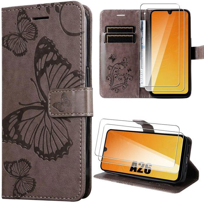 Coque de protection - BOOLING - pour Samsung Galaxy A26 5G - Synthécuir Marron - Motif Papillon - 2 Verres Trempés