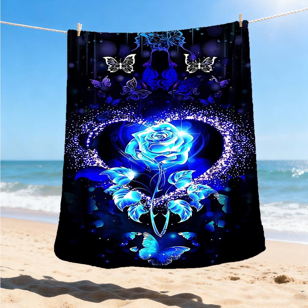 1pc Blue Rose Butterfly Print Outdoor Flannel Blanket Soft All Season Polyester Throw , Perfect for Picnics & Travel , Picnic Accessory