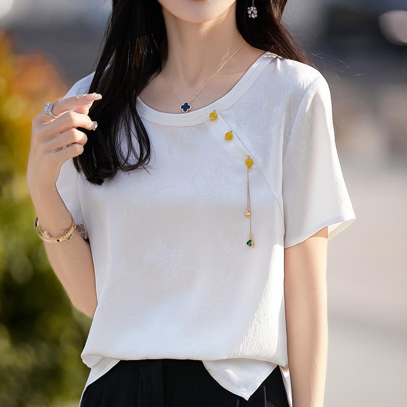 

Новая женская футболка с коротким рукавом в китайском стиле для лета, с круглым вырезом, из атласного жаккарда, топ, облегающая футболка XXL