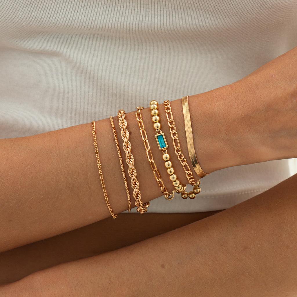 7pcs Set Fashion Luxury Acrylic Gemstone Gold Color Twisted Chain Layered Bracelets for Women Temperament Stackable Jewelry Sets