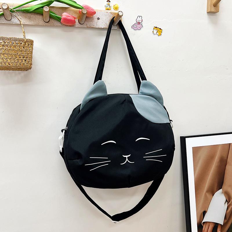 Lovely Cartoon Cat Tote Bag For Students Spacious Nylon Shoulder Bag