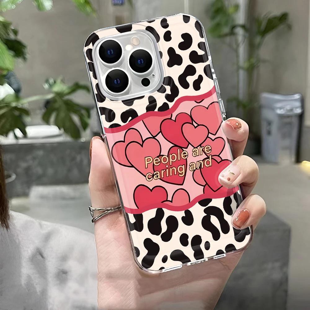 INS Leopard Print Love Phone Case For iPhone 13 15 11 14 12 16 Pro Max 7 Plus 16e XR XS Max SE 2022 Soft TPU Transparent Cover