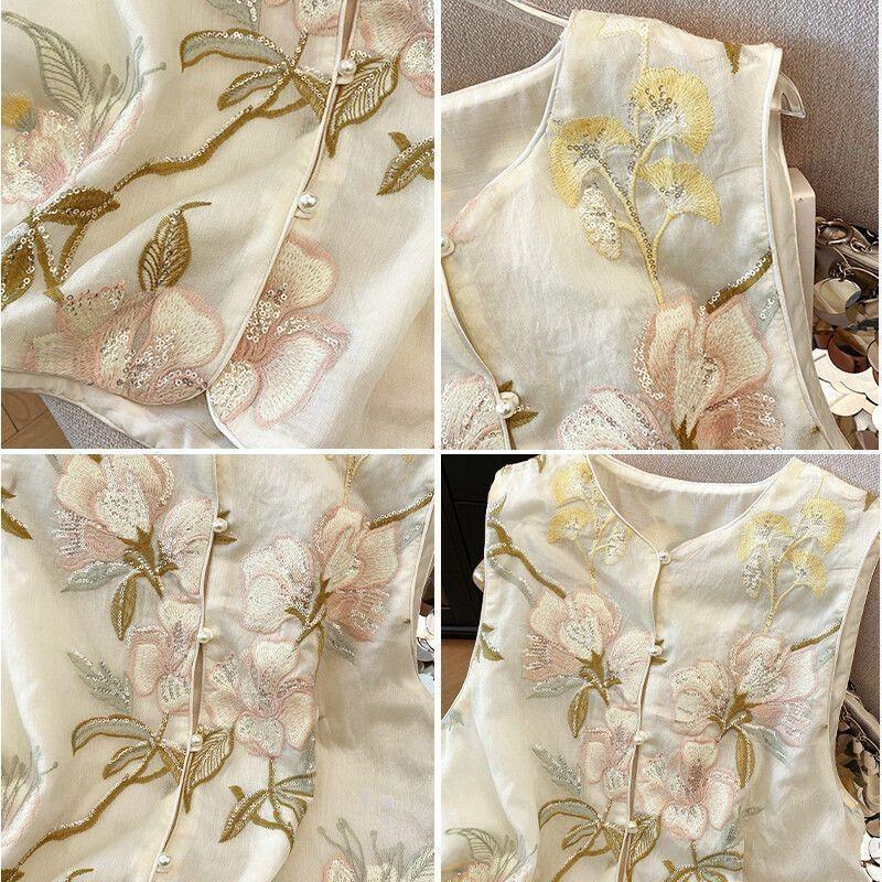 Vest women's embroidered vest vest women's summer retro disc buckle vest sleeveless new women