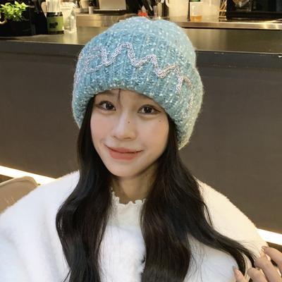 Autumn and Winter Rhinestone Knitted Hat Big Head Circumference Pullover Hat Ear Protector Wool Hat Head Hat Fashionable Warm Versatile Cold Hat