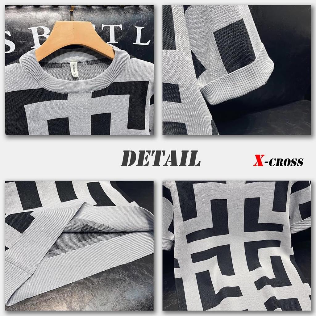 Short Sleeve Knit Summer Slim Geometric Thick Knit Korean Street Cool and Crew Plus Sizes Adults In Their 30s and Tight Slim Stretch Stylish X-cross