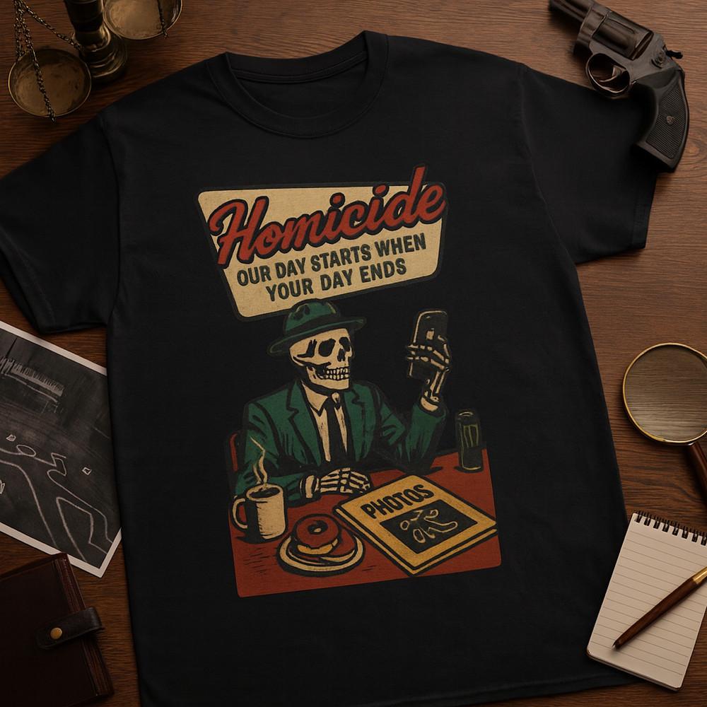 Ретро Нуар Детектив Скелет Графическая Футболка | Винтажная Хоррор Футболка с Местом Преступления Унисекс Футболка XXL