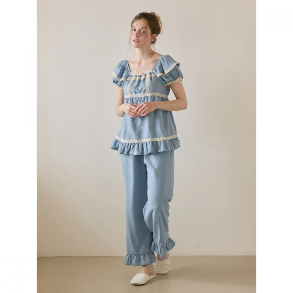 Lunaluz Women Veronia Sandwashing Square Neck Short Sleeve Two Piece Pajamas