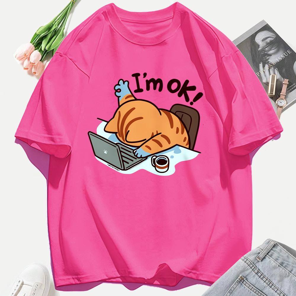 A Cat That Persists In Work Print Women T Shirts Casual Hip Hop Tees Tops Multicolor Cotton Sportswear Loose Short Sleeve Female