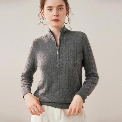 Women's 2026 New Year Twisted Half-Zip Cashmere Sweater: Half-High Neck, Cable Knit, Loose Fit