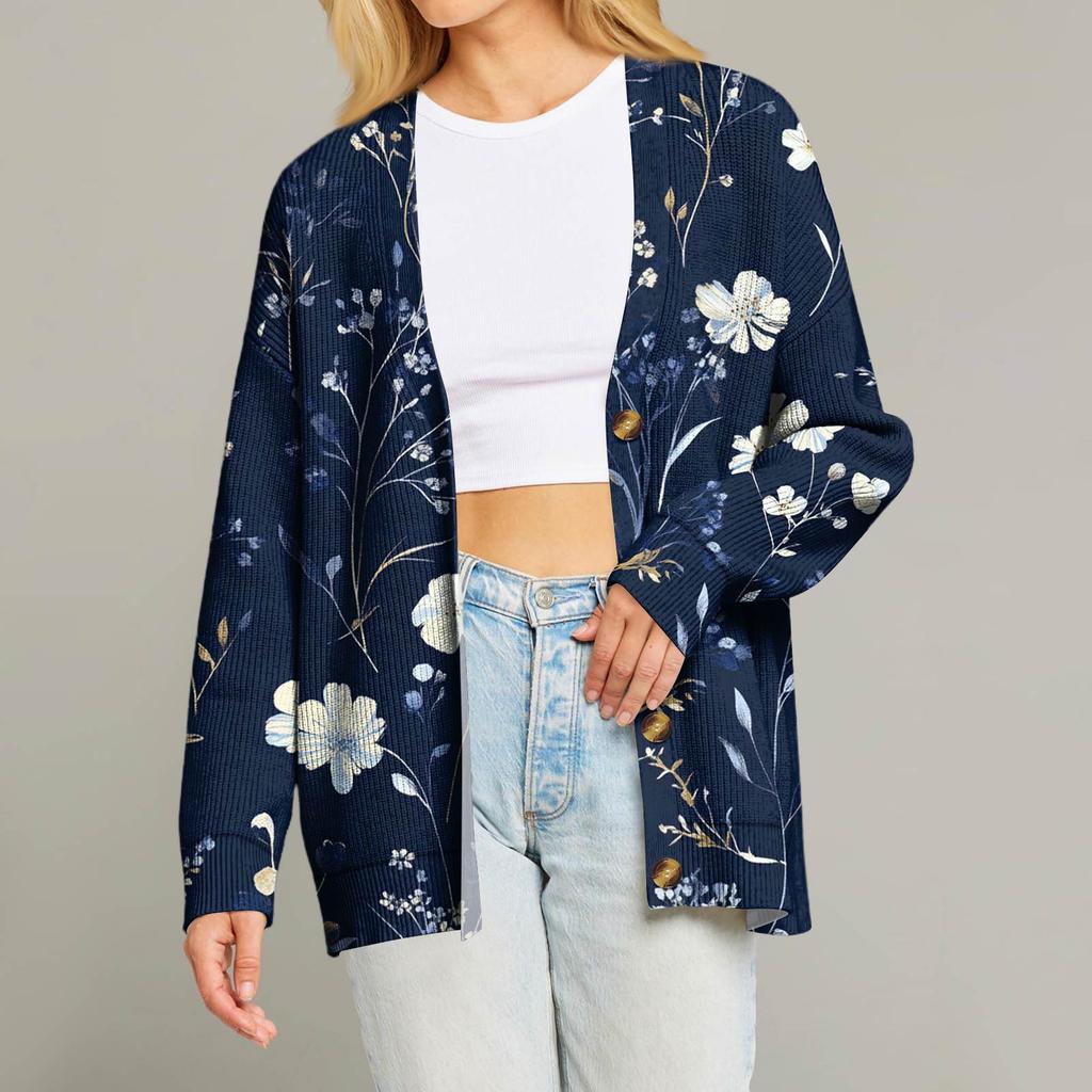 Women's Fashion Long Sleeve Print V-Neck Button Loose Cardigan Top