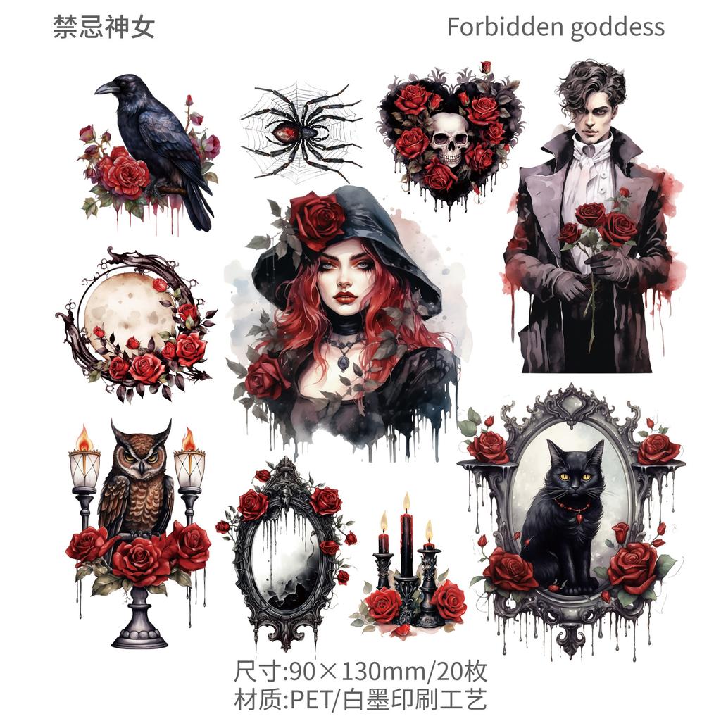 20 Pcs Vintage Gothic Witch Themed PET Stickers Wrapped with Handbill Material Decorative Collage Junk Journal Supplies
