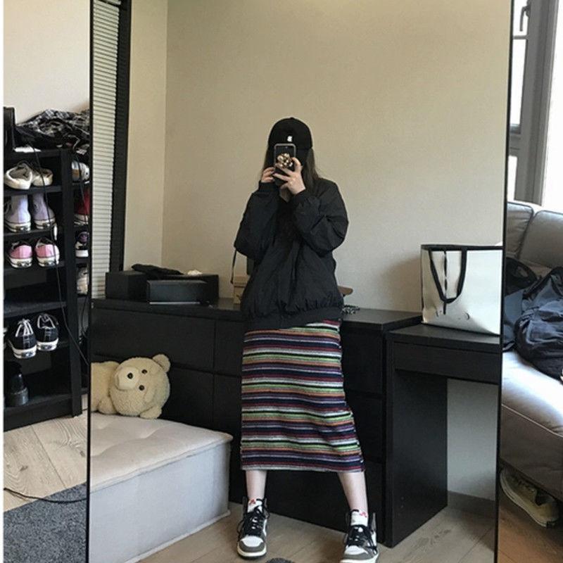 

Versatile Casual Women s Autumn Winter High Waist Knitted Midi Skirt Rainbow Striped A-Line Straight Loose Slim-Fitting Skirt L