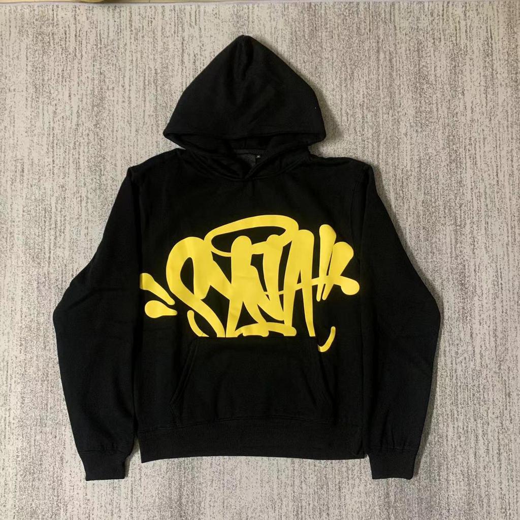 SYNAWORLD Wind Hip Hop Letter Print Fleece-Lined Hooded Sweatshirt - Casual Trendy Sportswear