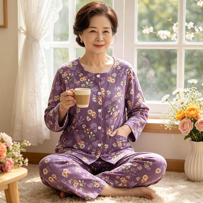 Retro elegant light green temperament middle-aged and elderly grandma round neck imitation cotton pajamas loungewear long sleeves trousers set