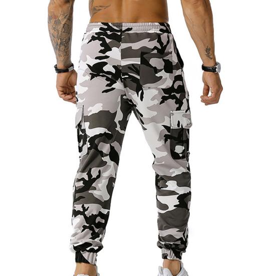 Men Sweatpants Camouflage Drawstring Elastic Waist Multi Pockets Streetwear Loose Ankle Tied Cargo Pants for Training Running Fitness