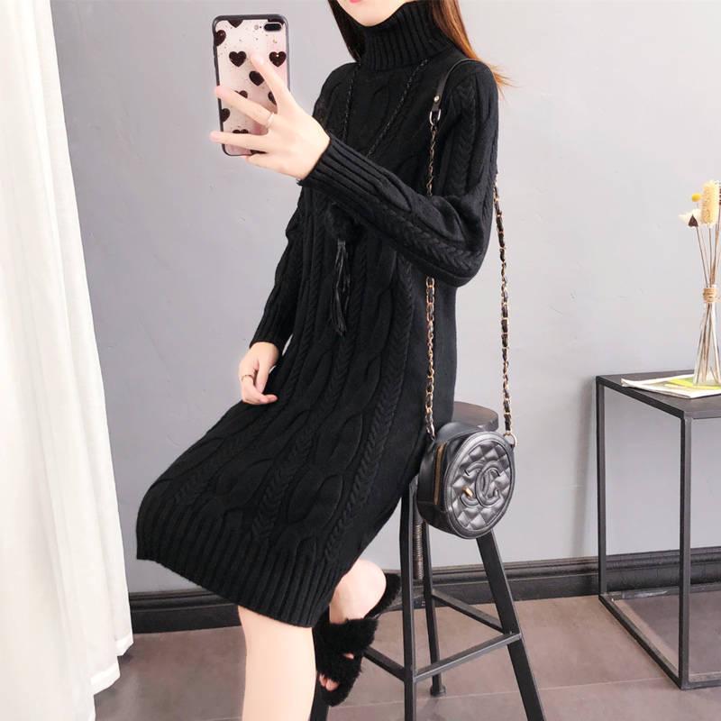 Women's Plush/Non-Plush Turtleneck Over-the-Knee Knitted Sweater Dress for Autumn & Winter