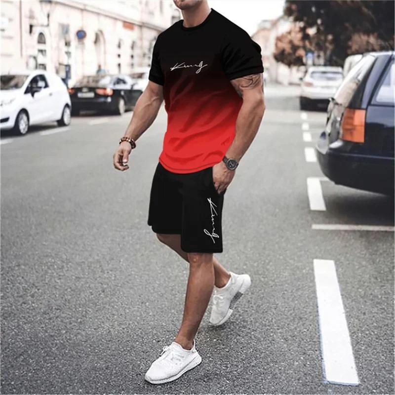 Nejnovější pánská sada trička s 3D gradientem a kraťasů, krátký rukáv, kulatý výstřih, ležérní a módní, skateboardové sportovní oblečení