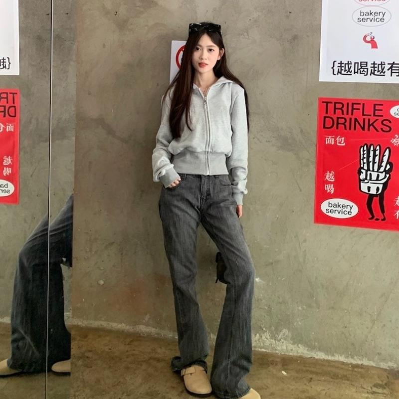 Women American Style Gray Hooded Sweatshirt Jacket Early Autumn New Style Solid Color Versatile Fashion Zipper Short Top