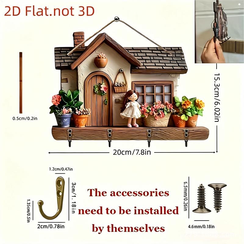 Motorrad-Thema Wandmontiertes Schlüsselbrett Holz 2D Flach 4 Metallhaken Dekorativer Organizer für Man Cave Garage Dekoration