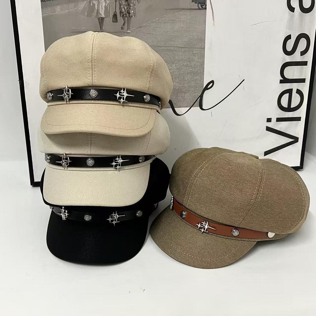 New Metal Standard Octagonal Hat Female Face Small Beret Casual Versatile Temperament Newsboy Hat English Letters