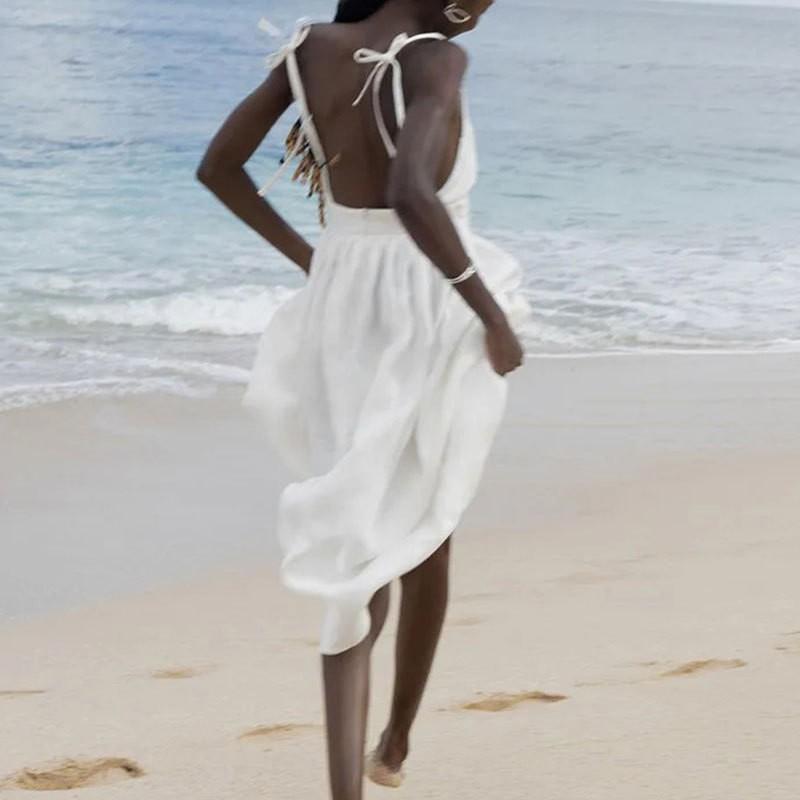 2026 Womens Solid Color Sleeveless V-Neck Backless Maxi Dress Slim Fit Casual Elegance