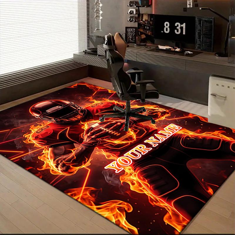 1PC Custom Name Flaming Football Player Theme Floor Mat Ideal for Living Room, Game Rooms, Office, Bedroom,Floor Mat Playful Design