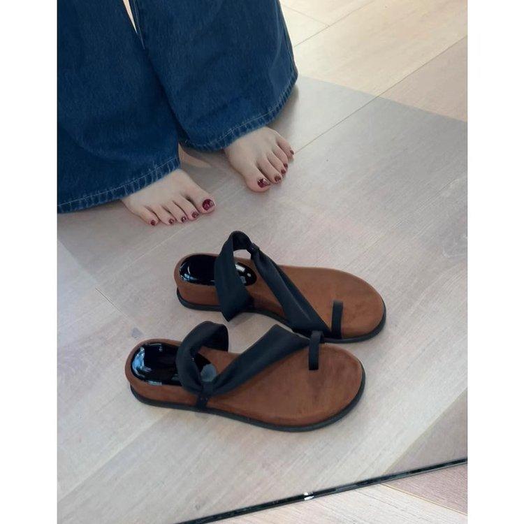 

Sheepskin~ French round head cover toe cool slippers women s summer outer wear temperament with skirt thick sole with two sandals 35 чёрный