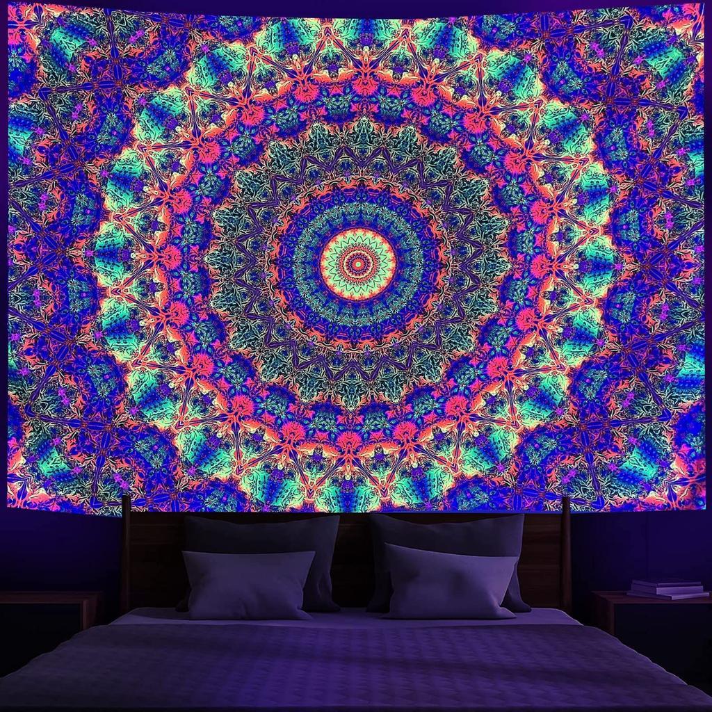 VIKAMA Fluorescent Mandala Tapestry with Neon Bohemian Patterns for Bedroom Living Room Decor Aesthetic Wall Art